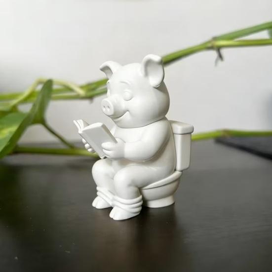 Yousheng 3D Printed Pig Statue, Mini Pig Figurine with Matte Frosted Surface, Dirt Resistant Cute Piglet Reading On Toilet