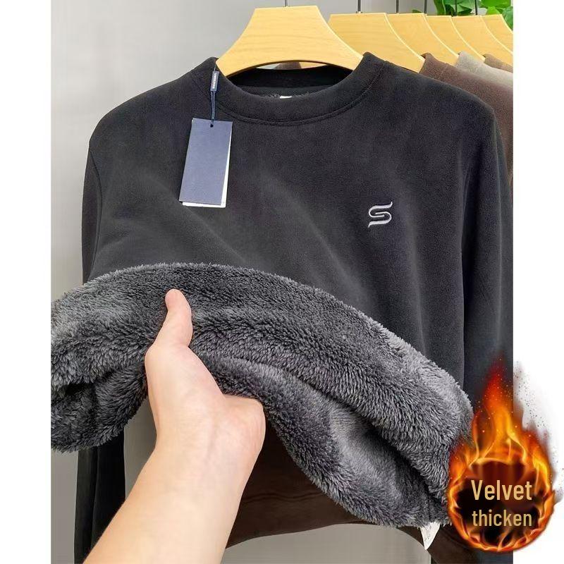 

Men s Winter Coral Fleece Hoodie, New Style Round Neck, Plus Velvet Thick Warm Pullover Base Layer S (60-80 jin) чорний