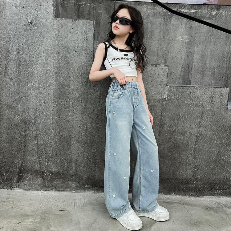 

Широкие брюки для девочек в школу с рисунком в виде сердца и звезды, повседневные свободные длинные джинсы для детей 160 синий