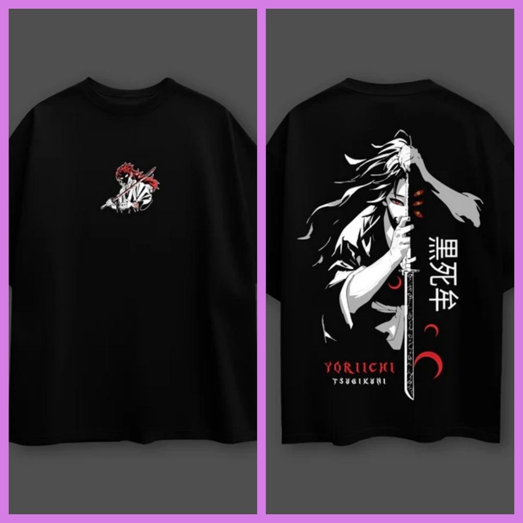 T-shirt Nera Oversize Yoriichi Kokushibo Anime Demon Slayer Uomo e Donna Traspirante Alta Qualità Y2K Manica Corta