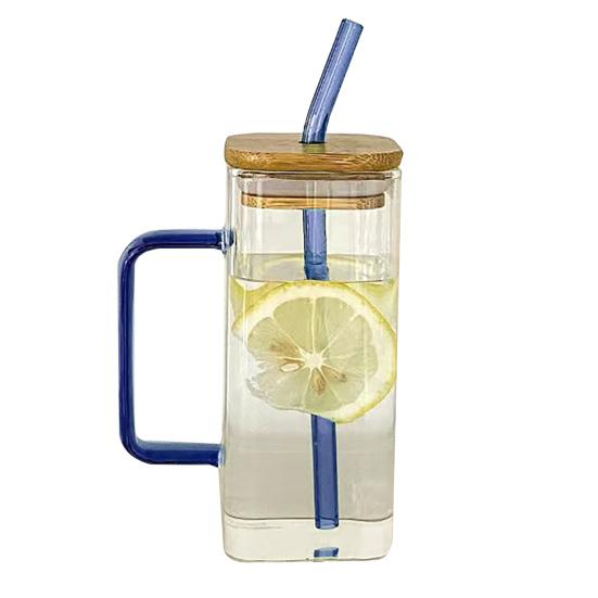 Square Glass Tumbler with Handle And Lid 380ml Transparent Coffee Cup Portable Tea Milk Jar for Hot Cold Drinks