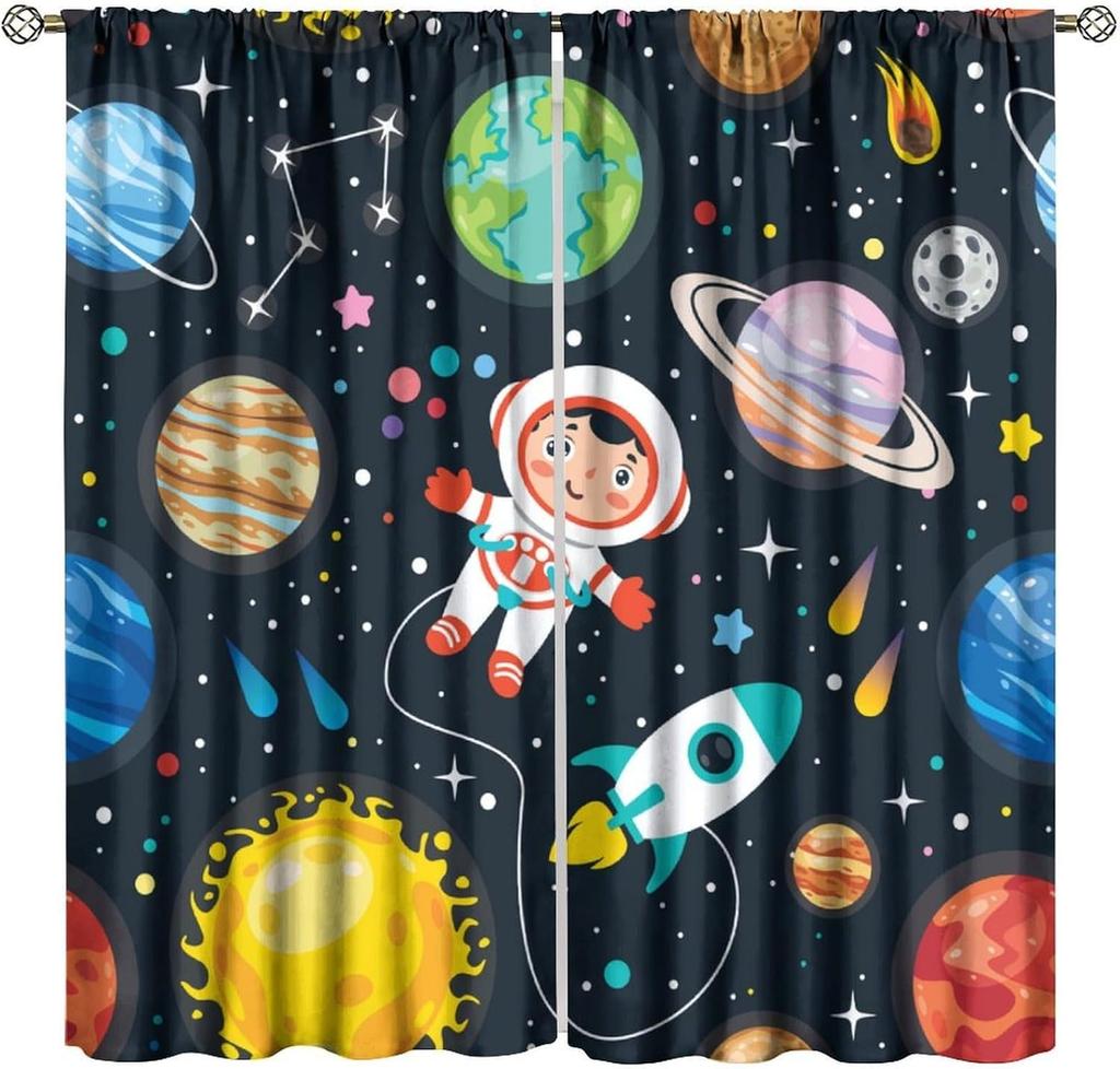 Kids Outer Space Curta, Universe Themed Earth Moon Rockets Stars Window Drapes, For Boys Girls Room Bedroom Living Room