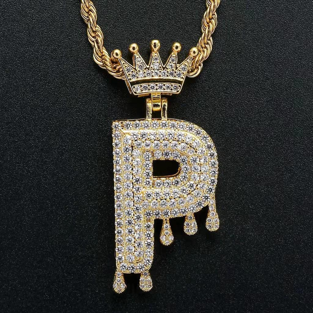 Stylish Hip Hop Zircon Crown Pendant Necklace with 26 English Letters for Women