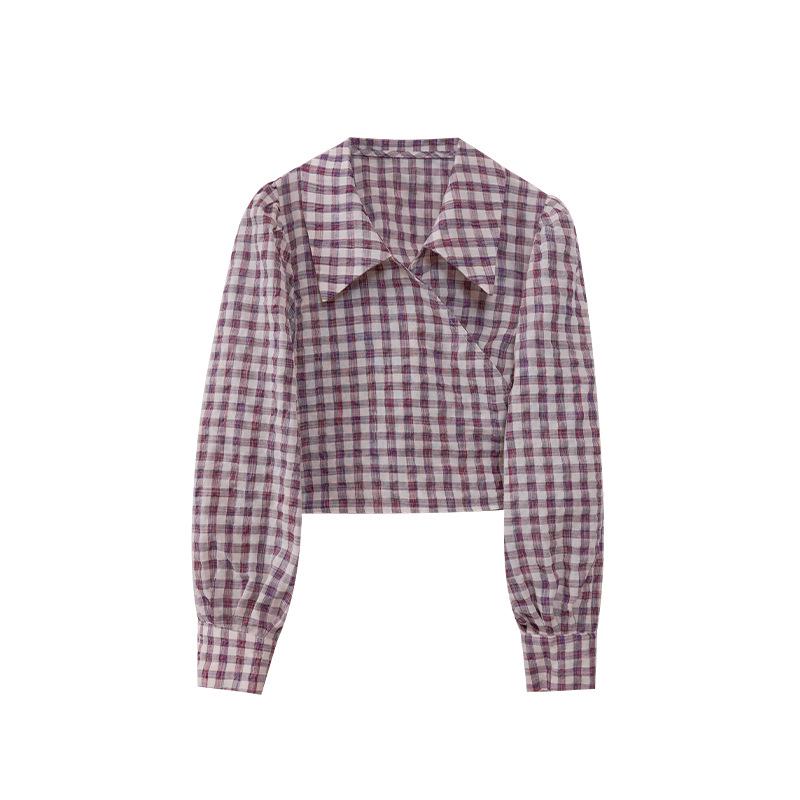 Interpret Beauty 2025 Early Spring French Retro Gingham Puff Sleeve Tie-Waist Women's Shirt
