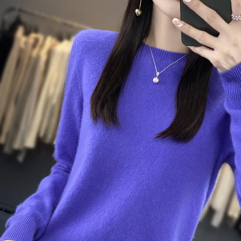 Women's Pure Wool Loose Knit Cashmere Sweater - Round Neck, Long Sleeve, Soft Base Layer for Autumn/Winter