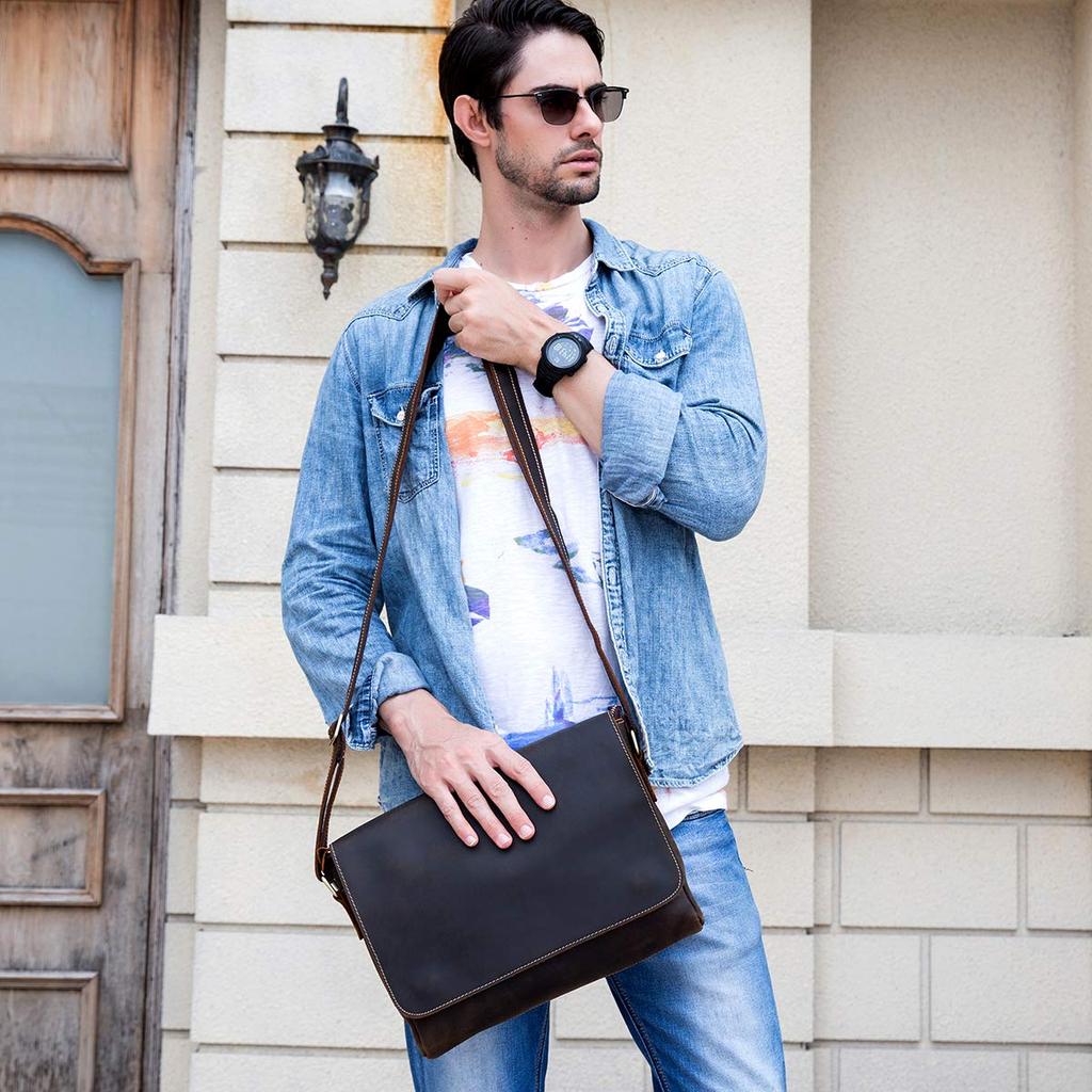 Luufan Men's Genuine Leather Shoulder Bag, A4 Size, Messenger Bag, Large Capacity, Leather Crossbody Bag with Flap, Durable, Retro Design, Dark Brown