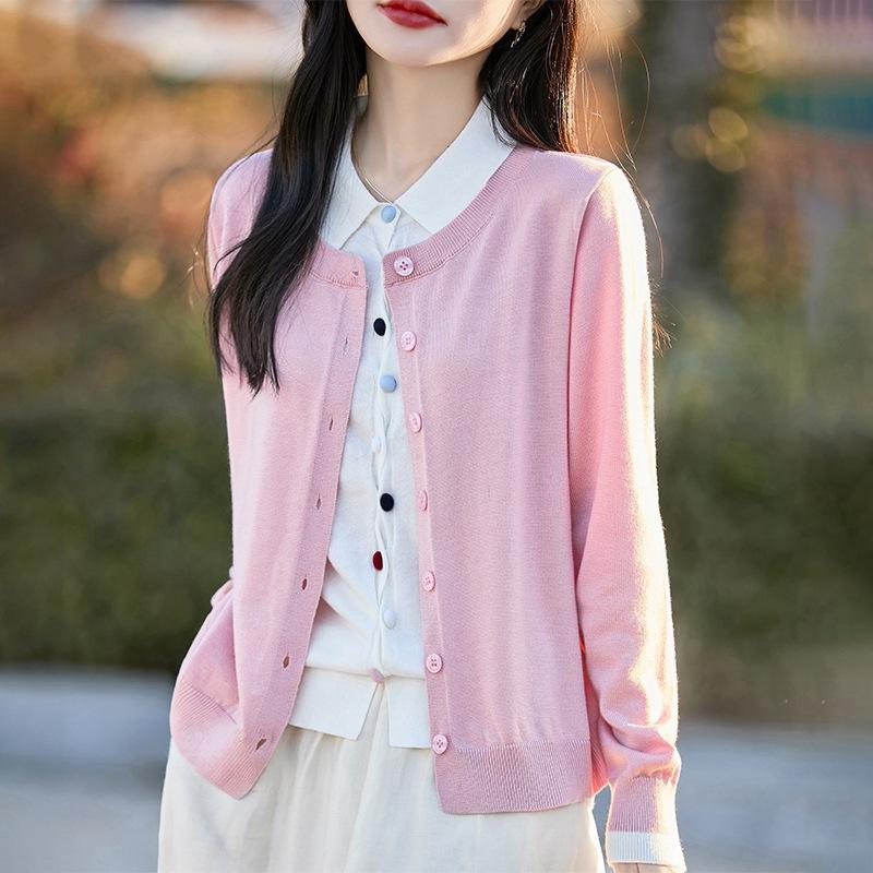 

Весна Новый Стиль Женский Вязаный Кардиган на Пуговицах с Цветными Блоками Воротник ПОЛО Элегантное Пальто-Свитер XL розовый