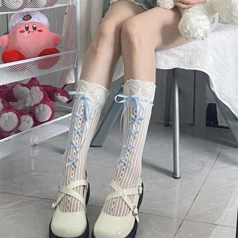 Meia Feminina Estilo Ballet Laço de Fita Meia Aberta Renda Listrada Fishnet Buracos Fishnet Longa Comprimento do Joelho