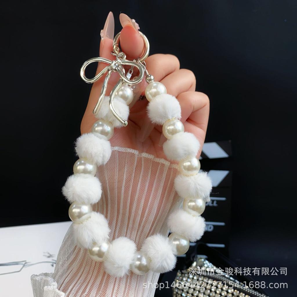 Autumn and Winter Plush Pearl Bracelet with 3D Bow Pendant, Phone Chain, Lanyard, Bag Charm, Keychain