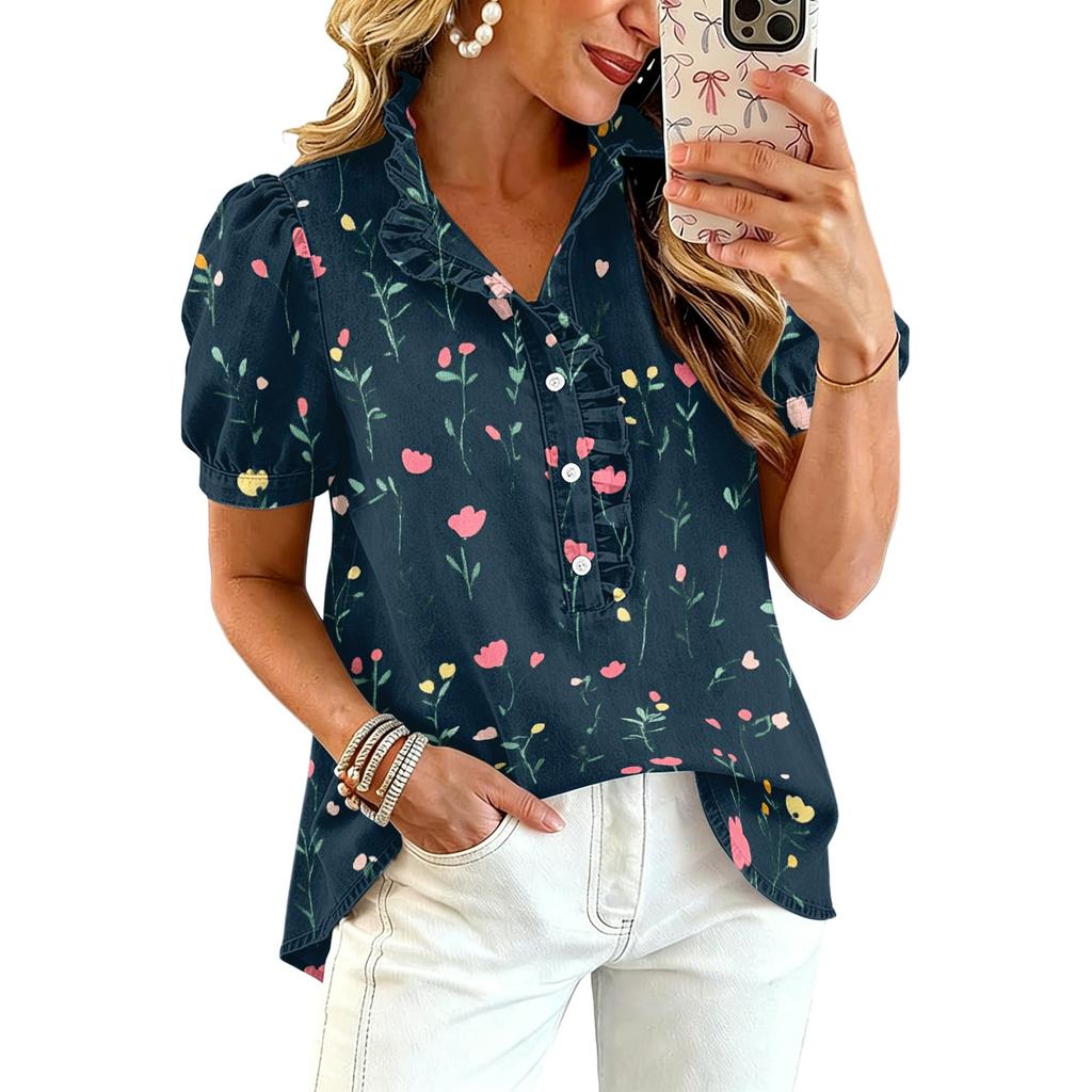Women Ruffle V Neck Printed Blouse Short Sleeve Casual Loose Fit Top Button Down Lightweight Shirt