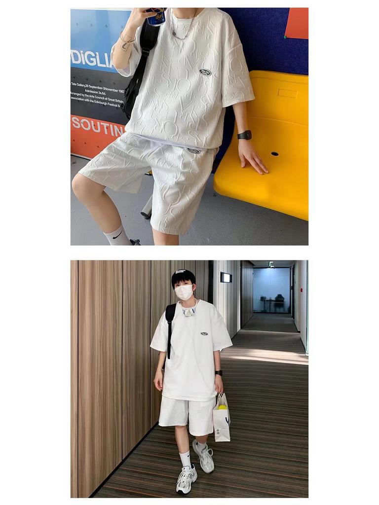 2023 Men's Summer Casual Waffle Short-Sleeve T-Shirt Set: Teens' Loose, Comfortable Fit
