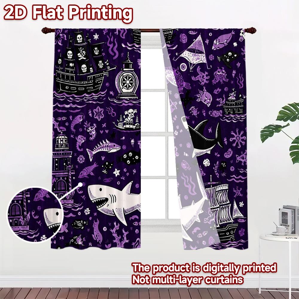 2D FLAT PRINTING 2pcs Curtains (Without Rod) Halloween Pirate Sea Adventure Chic Print Curtains Machine Washable Fabric Curtains