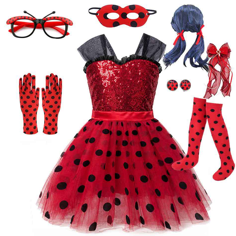 Kids Ladybug Red Polka Dot Tulle Dress, Girls Puffy Dress with Bag & Mask, Size 100-150