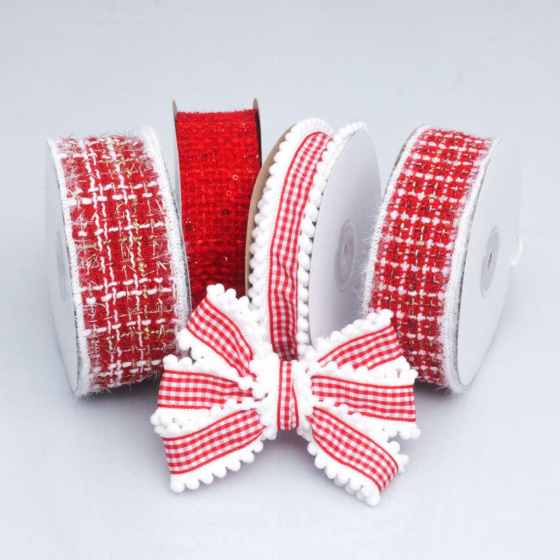 Woolen Woven Ribbon White Woolen Edge Big Red Ribbon Woolen Plaid Hair Accessories Clip Bow Accessories Elegant Home Decorating Activity Supplies
