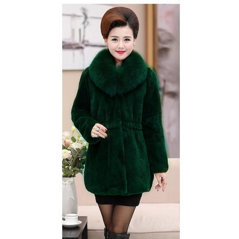 Women's  Winter Plush Thicke High Quality Imitation Fox Fur Collar Coat Faux Fur Coat  Mid-Long Mother Loose Wool Jackets