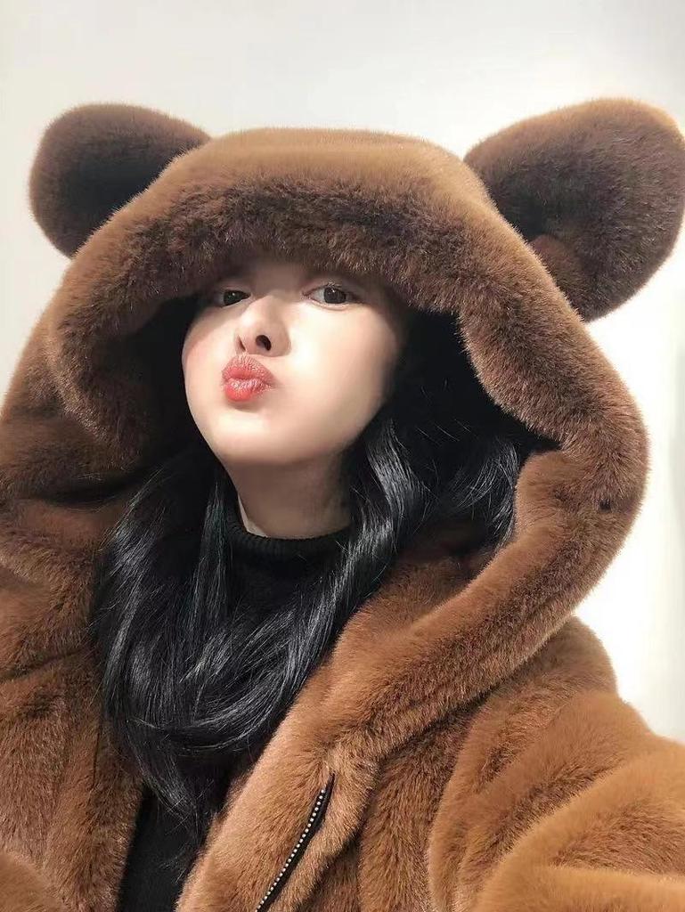 Palton de pluș de lungime medie pentru femei, iarna 2023, cu glugă și urechi de urs