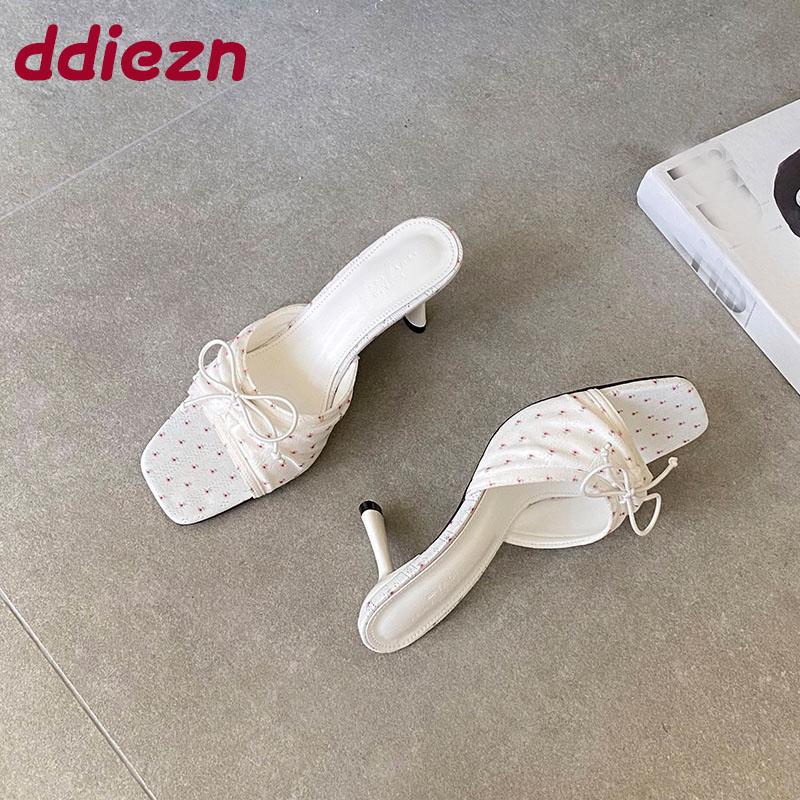 Fashion Elegant Women Pumps Heels Slides Shoes Female Slip On Footwear Square Toe Fashion Butterfly-Knot Ladies High Heels Shoes