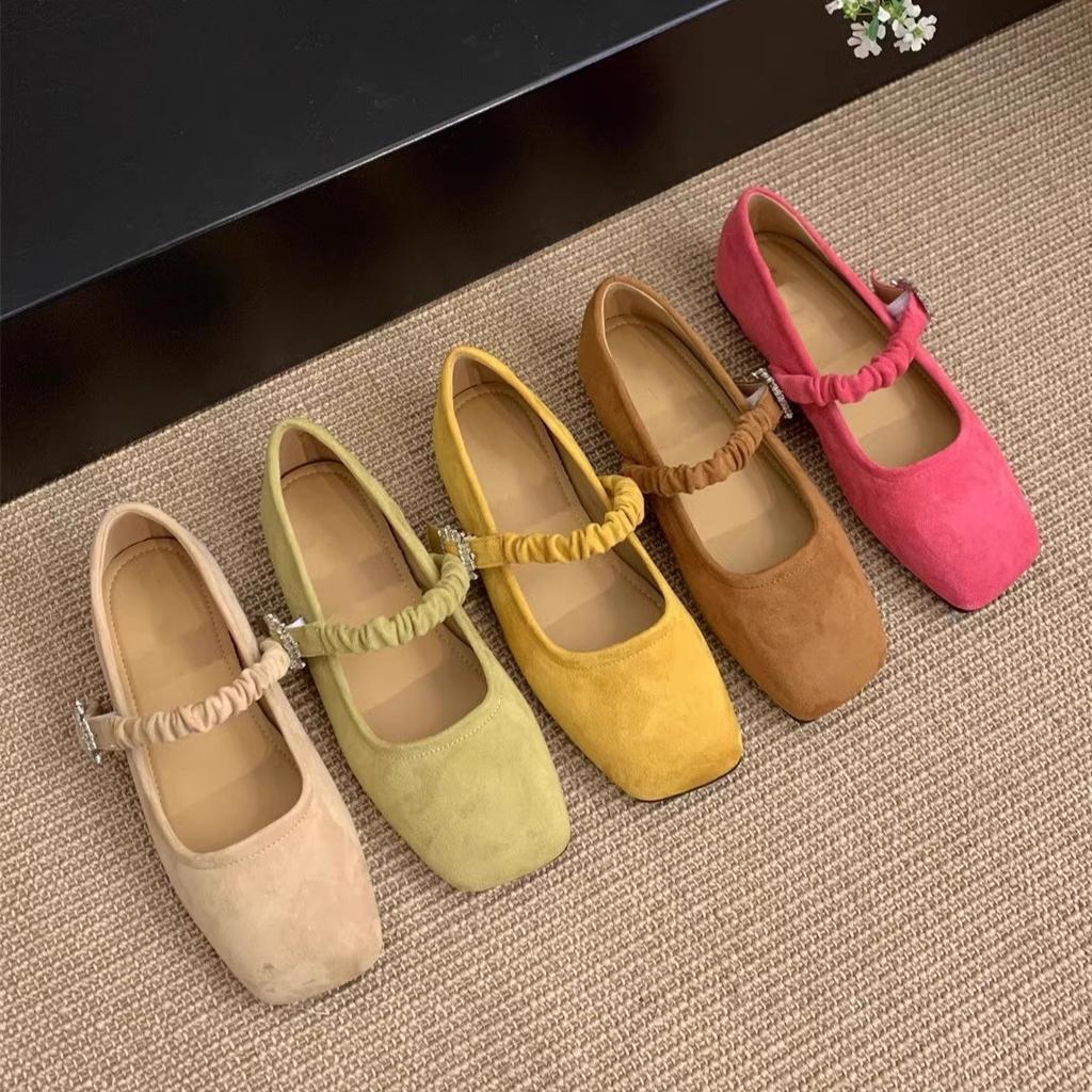 Retro Square Head Shallow Mouth Single Shoes Women's Spring New French Suede Gentle Fairy Soft Flat Mary Jane Shoes