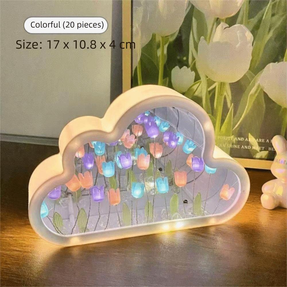 New Acrylic 20 Flowers Tulip Night Light Handmade DIY Creative Tulips Flower Table Lamp Cloud Shape Mirror Light Birthday Gifts