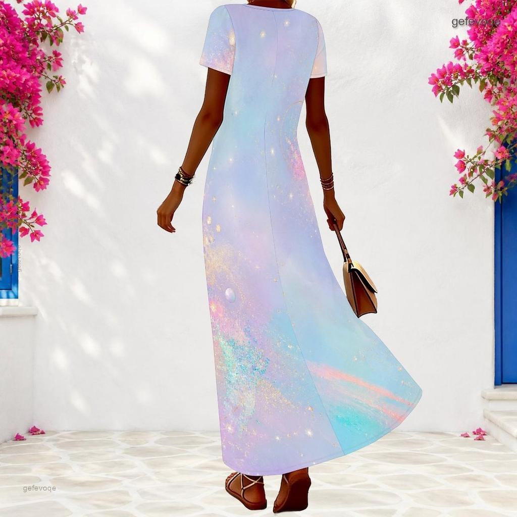 Women Plus Size V Neck Short Sleeve Black Dots Printed Long Dress
