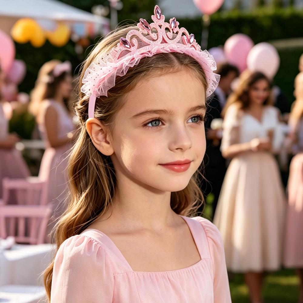 Cute Girls Glitter Princess Tiara Headband with Lace Tulle Rhinestone Crown Hair Hoop Kids Birthday Party Gift Hair Acces