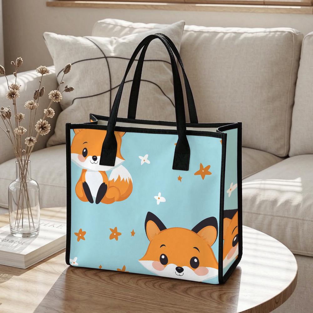 Cute Fox Printed Tote Bag Fashion Casual Daily Handbag Lightweight Portable Shopping Shoulder Bag