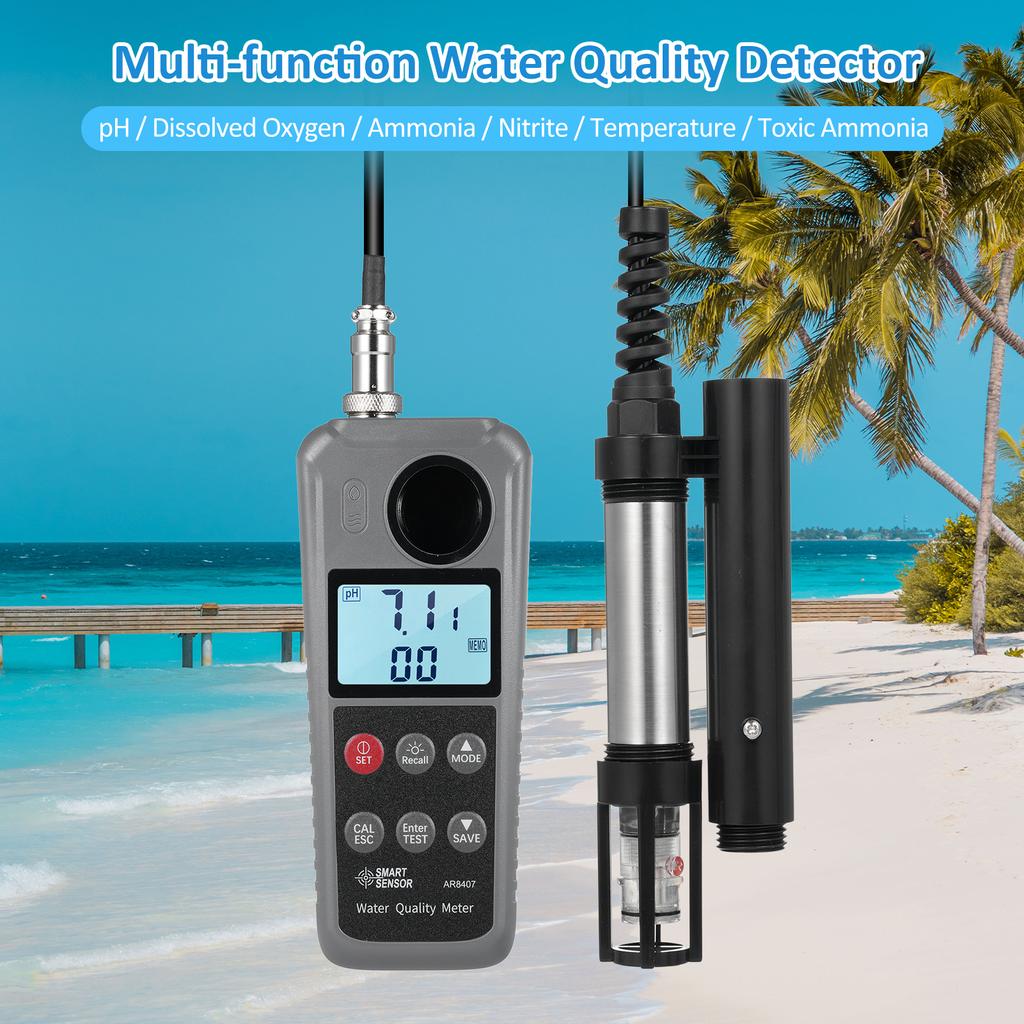 SMART SENSOR 6 In 1 Digital Dissolved Oxygen Tester Water Quality Detector pH Value Temperature Ammonia Nitrogen Toxic