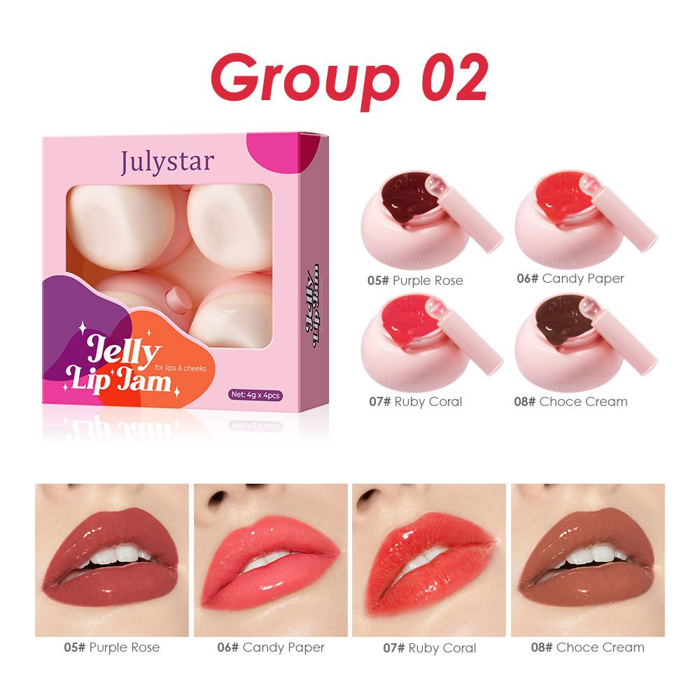 JULYSTAR 4pcs Jelly Lip Tint Set, Moisturizing Solid Lip Gloss for Lips & Cheeks, Multi-Use Hydrating Plumping Lip Balm Tinted Cheek Blush Makeup Gift