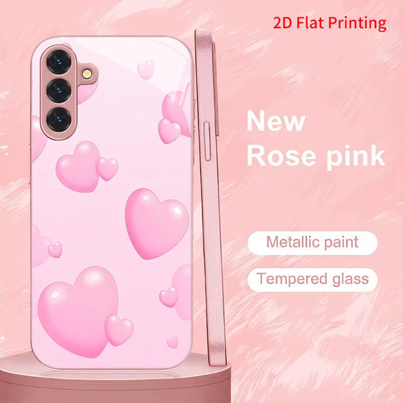 2DFlat Samsung electroplated tempered glass phone case,Pink Heart Design Phone CaseSuitable for Galaxy S26 S23 S24FE S25ULTRA S22 S21