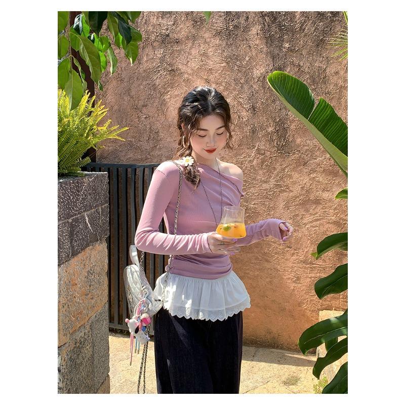 New white slanted shoulder long-sleeved top, women's huge beautiful T-shirt inside, slim-fitting bottoming shirt, early autumn temperament