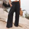 Women Pants Pleated Elastic High Waist Wide Leg Trousers with Pockets Pure Color Loose Fit Spring Casual Long Pants
