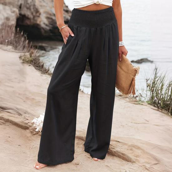 Women Pants Pleated Elastic High Waist Wide Leg Trousers with Pockets Pure Color Loose Fit Spring Casual Long Pants