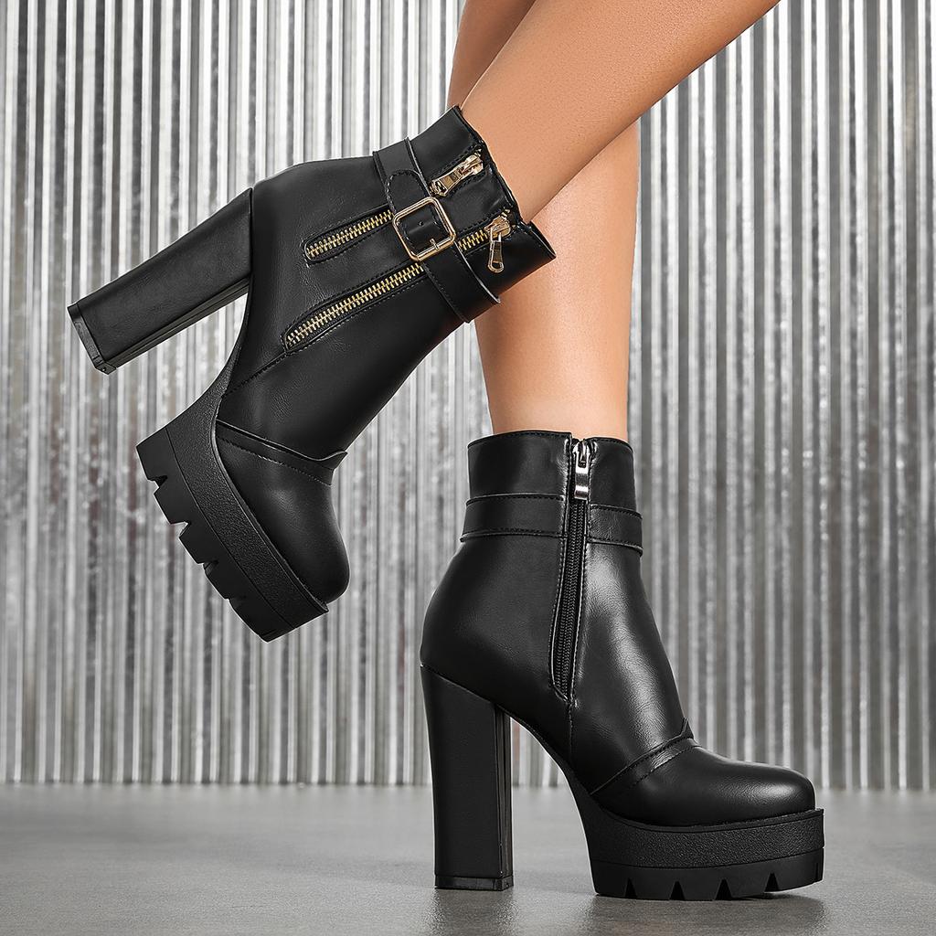 Autumn and winter supply fashionable thick-soled high-heeled large-size side zipper low-tube Martin boots for women