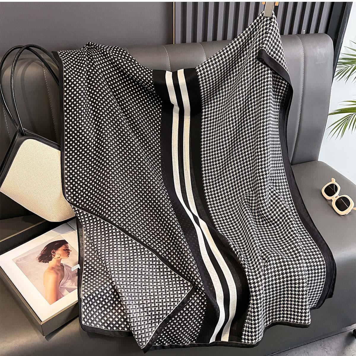 Retro Spring Summer Silk Scarf   Houndstooth Fashion Classic Versatile Shawl Cotton Linen Scarves Stylish Warp Headband 85x180cm