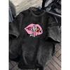 Summer Men'S Trendy Oversized Vintage-Style Round Neck T-Shirt with Cartoon Letter Lip Print, Made of High-Quality Thick with a Washed End