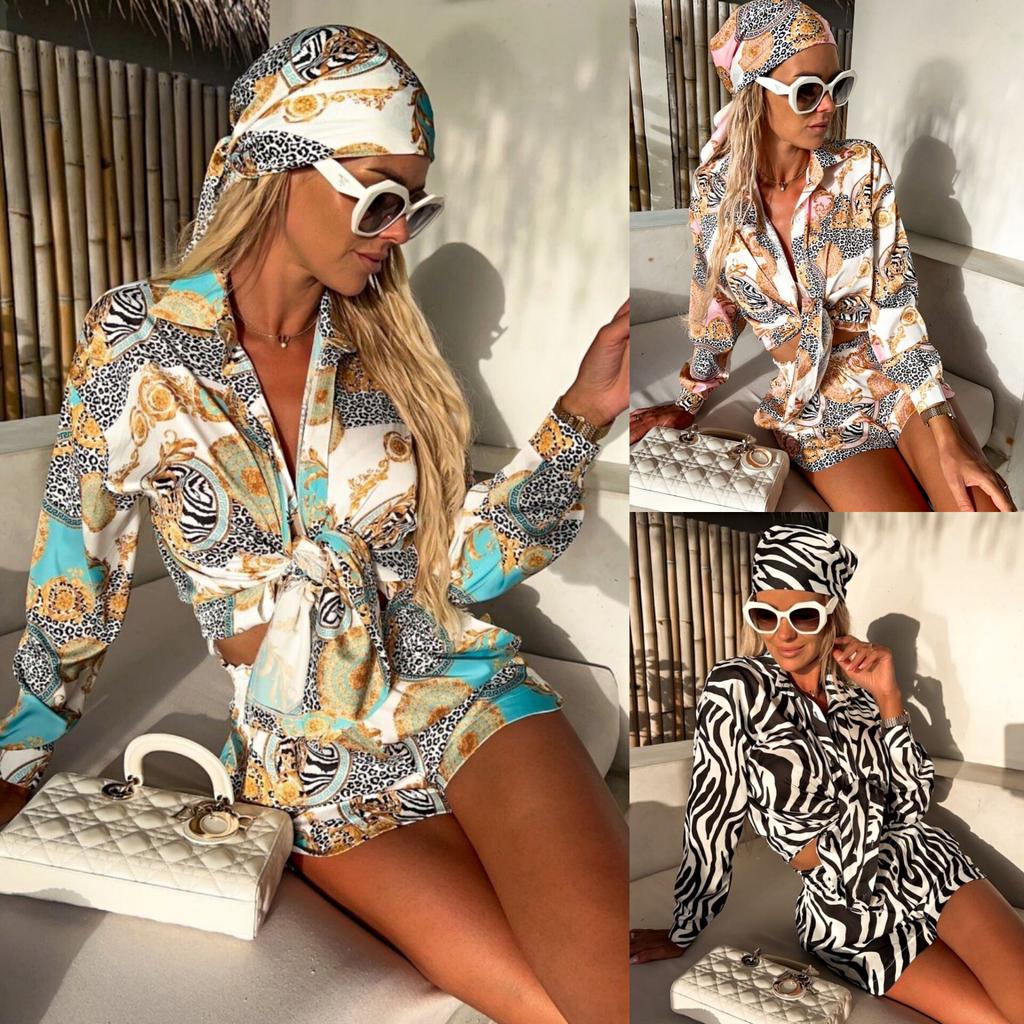 Tooxika New Vacation Style Casual Printed Long Sleeved Shorts Two-piece Set