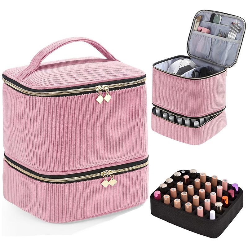 

Double-Layer Corduroy 30-Grid Nail Polish Bag, Large Capacity, Fashionable Multi-functional Makeup & Nail Art Handbag, Portable Storage розовый