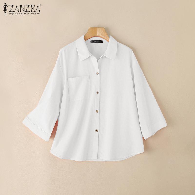 ZANZEA Womens Turn Down Collar 3/4 Sleeve Loose Button Blouse