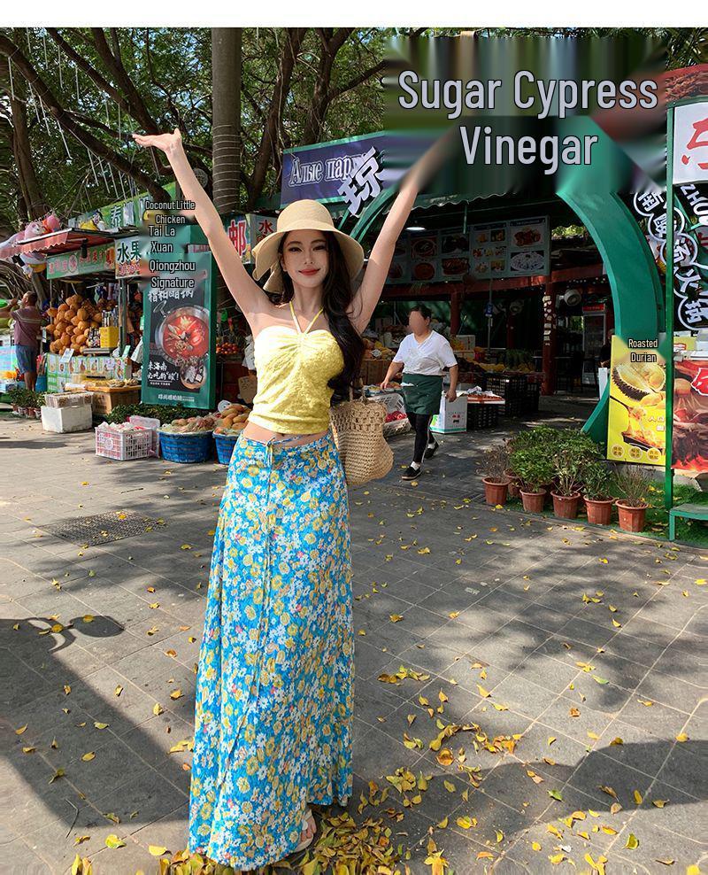Women's Thailand Beach Resort Floral Two-Piece: White Bandeau Top & Skirt Set