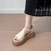 Sheepskin Version~ French Retro Platform Thick Heel Leather Sandals Women's Summer Simple Velcro Commuter Open-toed Roman Shoes