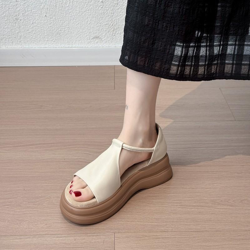 Sheepskin Version~ French Retro Platform Thick Heel Leather Sandals Women's Summer Simple Velcro Commuter Open-toed Roman Shoes