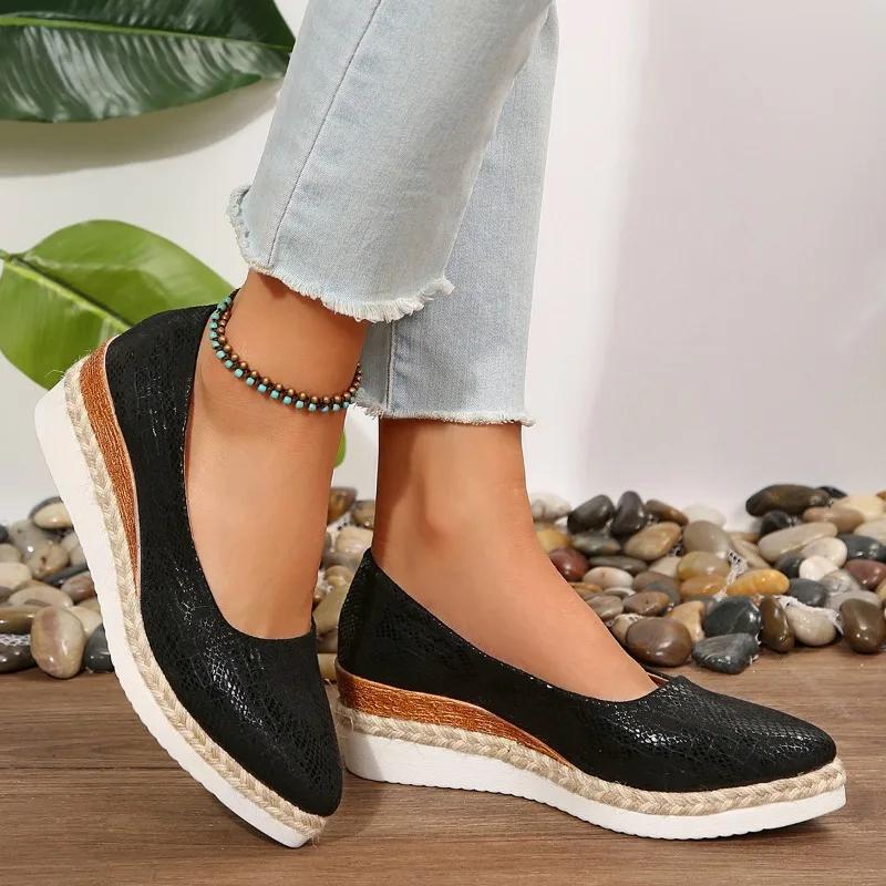 Women's Platform Heels Autumn 2024 Comfortable Wedge Pointed Toe Loafers Shoes for Women Fashion Sequins Shallow Pumps Plus Size