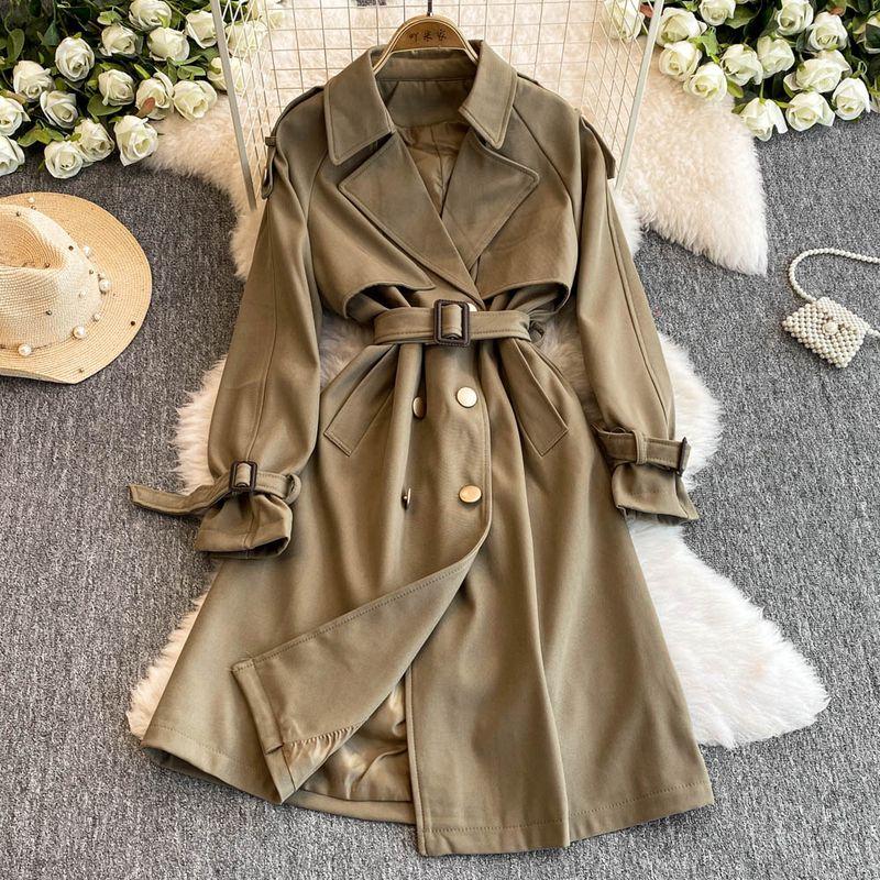 

Trench Coat Female 2025 Autumn Easiest for Match Slim Looking Mid Length Long Length Lace-up Waist-Controlled Double Breasted Casual Outwear Female Khaki L