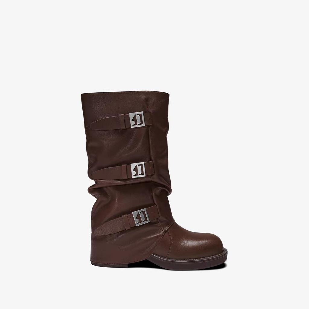 Dark Functional Wind Folded Medium Pants Tube Boots Women'S Thick-Soled Heightening Knight Boots Retro Belt Buckle Skinny Stacking Boots