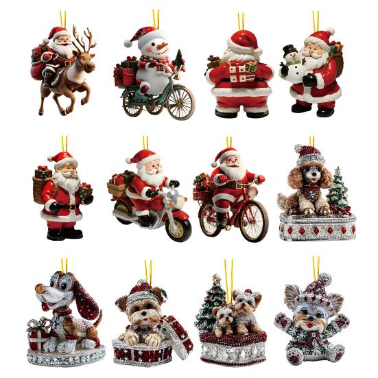 Christmas Ornament 2D Flat Acrylic Santa Claus/Snowman/Puppy Christmas Tree Hanging Ornaments for Holiday Tree Window Wall Decor