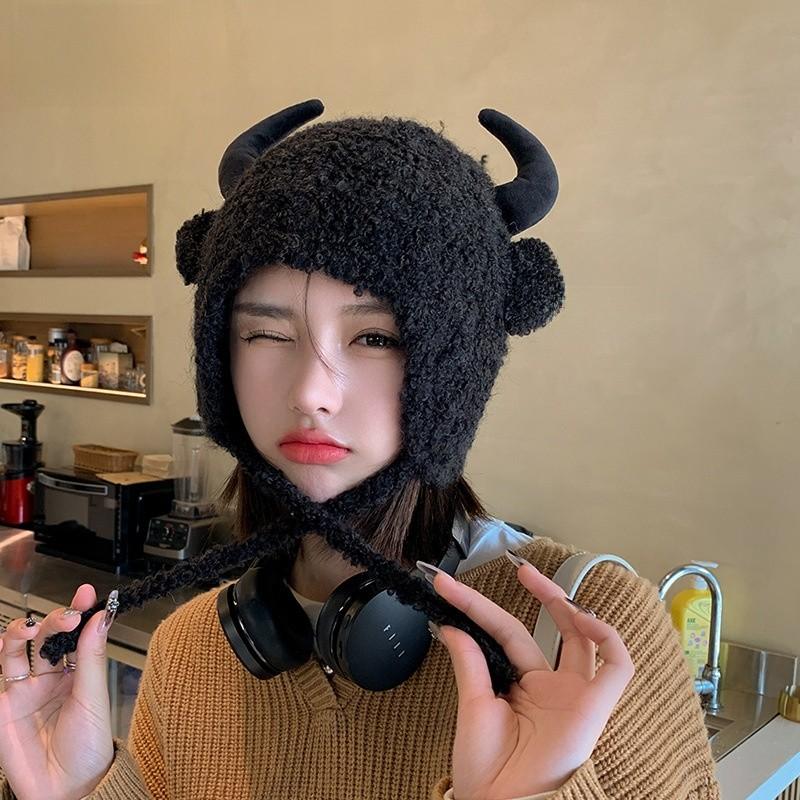 Cozy Knit Hat With Horn Design For Girls And Fashion Enthusiasts