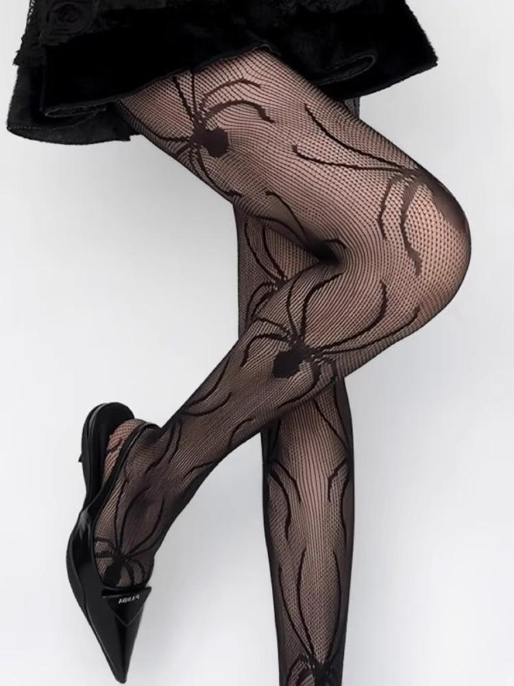 Women Sexy Spider-patterned Fishing Net Stockings Japanese Style Sheer Tights JK Gothic Halloween Hollow Out Fishnet Pantyhose