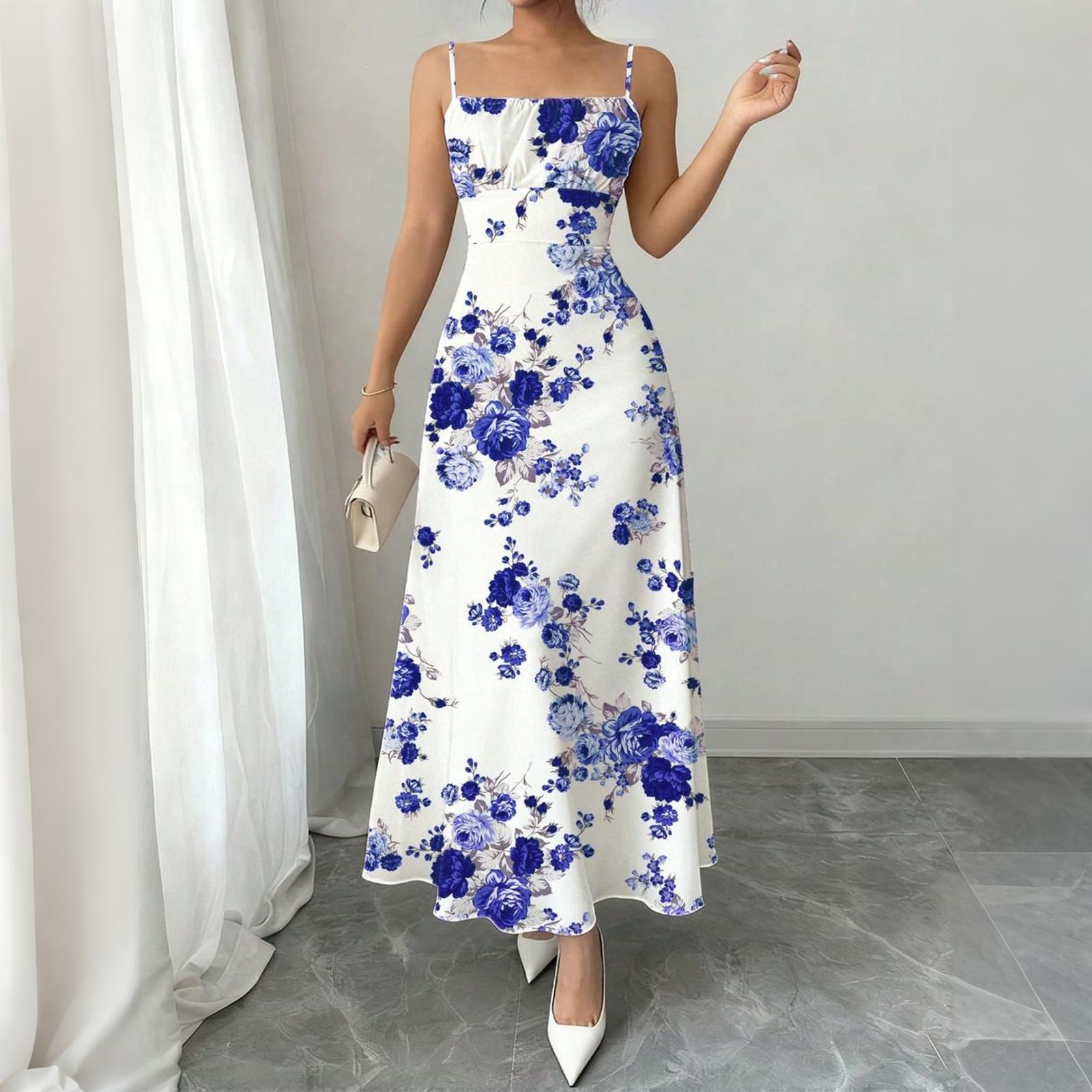 

Women’s Sleeveless Spaghetti Strap Long Dress with Floral Print Lightweight Fabric and Square Neckline for Summer XL синий