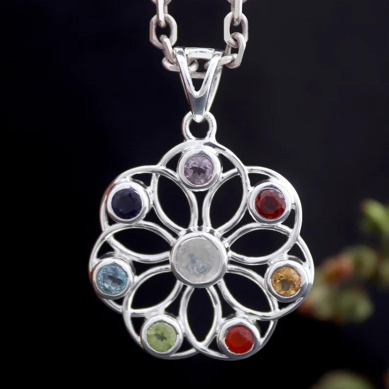 Massiv 925 Sterlingsilber Chakra Edelstein Handgefertigt Boho Halskette Schmuck