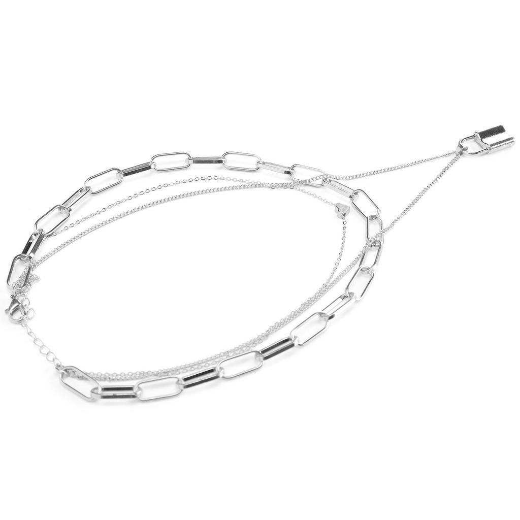 Women Simple Layered Necklace Lock Heart Shaped Pendant Necklace Jewelry Accessory(White K )